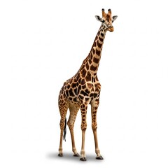 Naklejka premium A giraffe, a tall wild mammal with a long neck, standing isolated on a white background