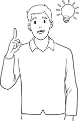 A man with a bright idea, pointing his finger up with a light bulb icon floating above his head. Hand-drawn vector illustration. Ideal for concepts of creative thinking, solutions, invention.