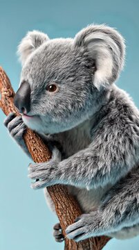 Adorable 3D Render of a Realistic Koala Bear Holding a Branch on a Simple Blue Background