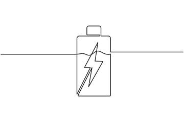 Charging battery icon continuous one line drawing with lightning bolt on white background
