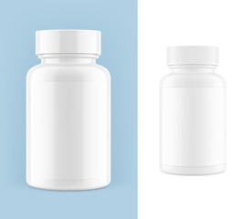 Plastic bottle mockup. Can be used for medical, sport nutrition. Vector illustration isolated on white and colour background. Ready for your design. EPS10.