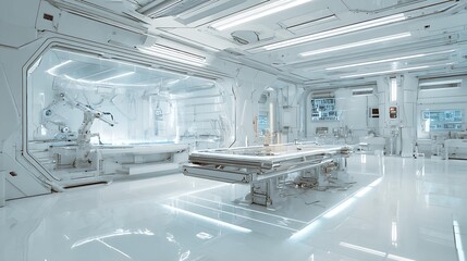 Futuristic sterile environment featuring advanced robotic equipment in a sleek, white operating room.