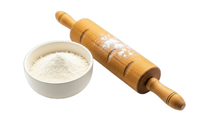 wooden rolling pin and flour bowl rustic baking scene, homebaked goodness