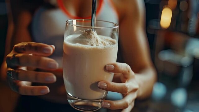 close-up of a girl athlete holding a protein shake. Selective focus