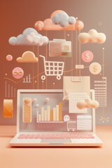 Pastel laptop with floating icons