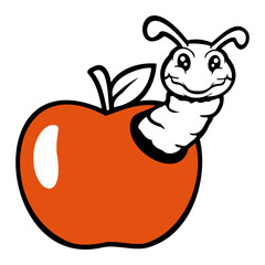 Caterpillar apple fruit peeks out of hole smiles