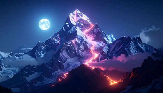 A fantastical snowy mountain peak with a glowing lava river flowing down under a bright full moon.