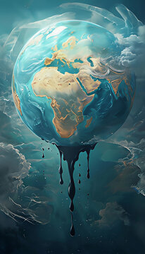 pianeta terra che gocciola acqua a terra simbolo della siccit&agrave; globale, planet earth dripping water on the ground symbol of global drought