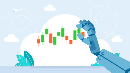 AI for automation trading on stock market. Hand robot point at candlestick graph on screen phone. Artificial intelligence trader. 
Robot's hand touch upon green candlestick chart. Vector illustration.