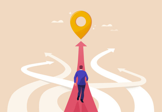 Right Business Way Concept. Vector cartoon illustration of many roads leading in different directions, one path leading to a goal with a final golden mark along which a businessman goes.