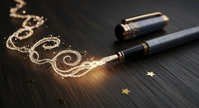 Magical fountain pen writing with liquid starlight