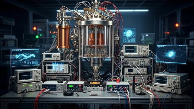 Quantum Computer Lab Experiment - A cinematic view of a quantum computer in a laboratory setting. The video shows the complex machinery and monitoring equipment used in advanced quantum computing