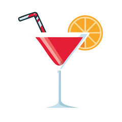 Vibrant red cocktail drink in a classic martini glass with an orange slice and striped straw