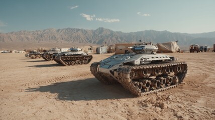 Cutting-edge robotic tanks align in desert during military demonstration in daytime under clear skies