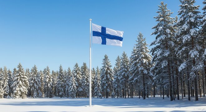 Finnish Flag Waving in Snowy Winter Forest – Finland Independence Day  - Powered by Adobe
