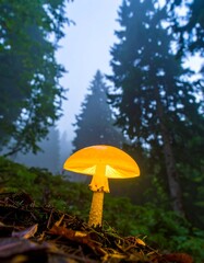 Fototapeta premium Illuminated mushroom in misty forest