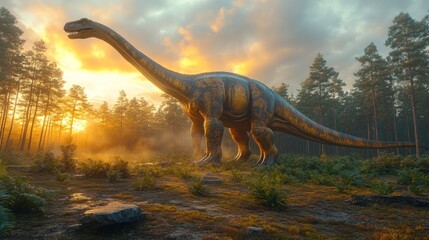 Fototapeta premium Long-necked dinosaur at dawn in forest