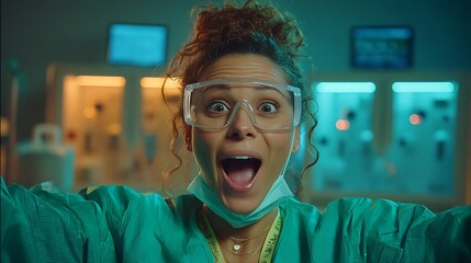 Surprised Female Medical Professional in Green Scrubs with Safety Goggles in Hospital Setting, Isolated Background 