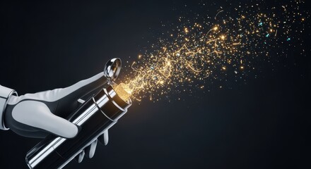 Futuristic canister releasing an explosion of holographic confetti