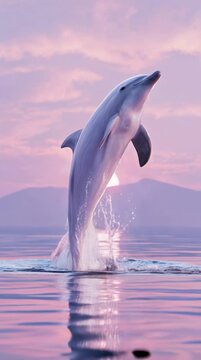 Playful 3D Render of a Realistic Dolphin Jumping Gracefully from the Water on a Cool Lavender Background