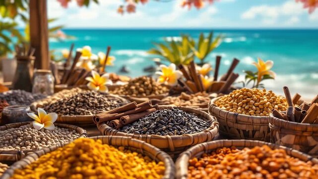 Exotic Spices at a Tropical Beachside Market