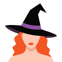 Woman with long wavy red hair and red lips wearing gray witch hat on a white background Halloween character flat vector illustration for festive spooky design