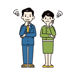 困った表情で顔に手を当てる、スーツを着たミドル世代の男女の全身イラスト素材セット＿ベクター＿カラー