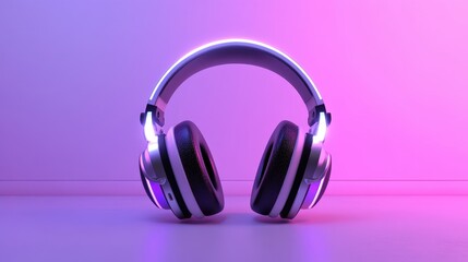 Modern over ear headphones glowing with vibrant neon light on a gradient background
