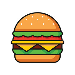 Cartoon Hamburger Vector Illustration – Colorful Fast Food Icon with Cheese, Lettuce, Tomato