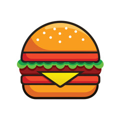 Cartoon Hamburger Vector Illustration – Colorful Fast Food Icon with Cheese, Lettuce, Tomato