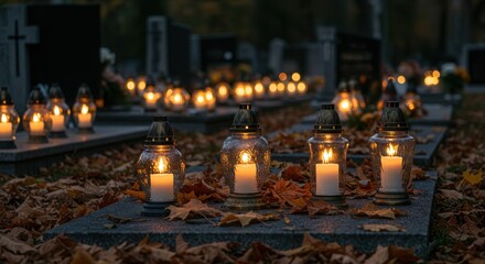 Glowing Grave Candles with Autumn Leaves in Cemetery – All Saints’ Day Remembrance Tradition