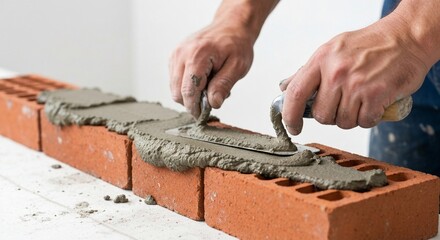 Detailed shot of a worker's hands spreading fresh cement mortar over red bricks using a metal trowel.