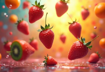 vibrant suspended fruits above colorful backgrounds playful display palette, apple, orange, berry, kiwi, pineapple, grapefruit, plum, peach, cherry