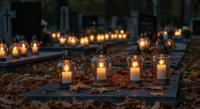 Glowing Grave Candles with Autumn Leaves in Cemetery – All Saints’ Day Remembrance Tradition 