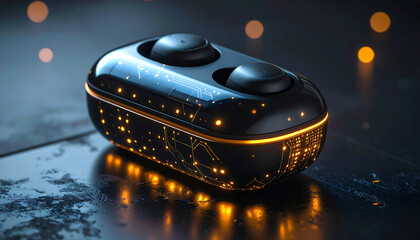 A sleek, futuristic black gadget with glowing golden constellation patterns rests on a dark, reflective surface.