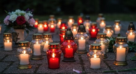 Glowing Memorial Candles with Flowers – Spiritual Remembrance for All Souls’ Day and All Saints’ Day