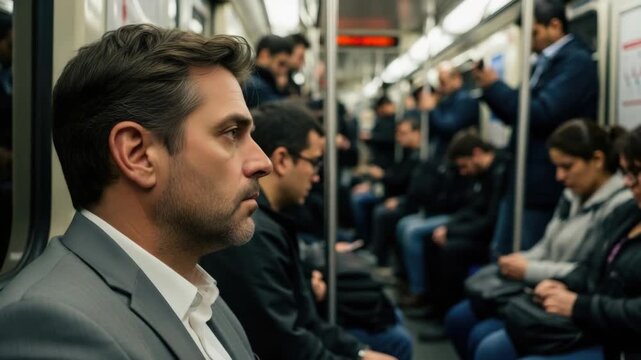 Commute Contemplation: Man on Subway, Urban Life
