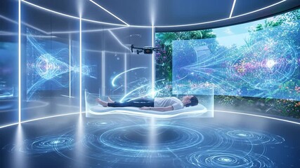 Futuristic Wellness Therapy - A woman relaxes on a futuristic healing bed surrounded by holographic displays and a drone in a modern wellness center. - Powered by Adobe