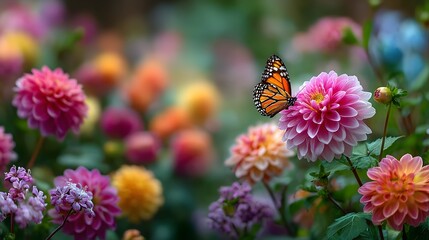 Stunningly vibrant English flower garden in full bloom, with a beautiful butterfly landing on a bright pink dahlia. Soft focus background of lush greenery.