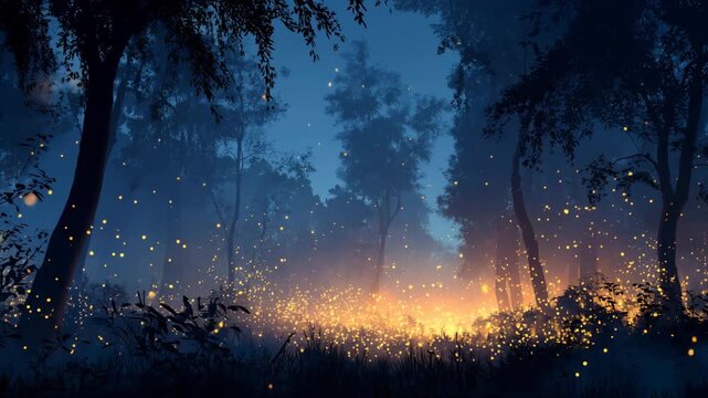 Cinematic magical view of fireflies glowing in the forest at dusk, swirling lights flickering through twilight woods, serene atmosphere of nature&rsquo;s bioluminescence creating dreamy tranquility.

