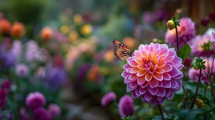 Stunningly vibrant English flower garden in full bloom, with a beautiful butterfly landing on a bright pink dahlia. Soft focus background of lush greenery.