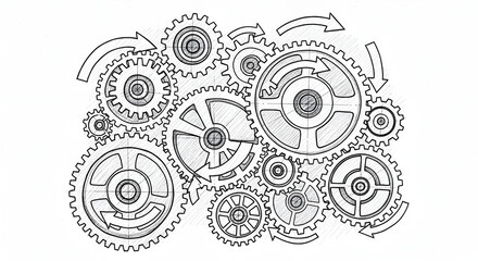 Interlocking Gear Mechanism Line Drawing &mdash; Conceptual Technical Illustration of Multiple Meshing Gears with Directional Arrows for Engineering, Processes and Systems Thinking Visuals