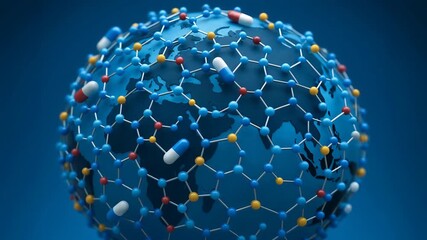 New drug research connects molecular science and global health through innovative capsules and dynamic network of medicine on digital globe - Powered by Adobe
