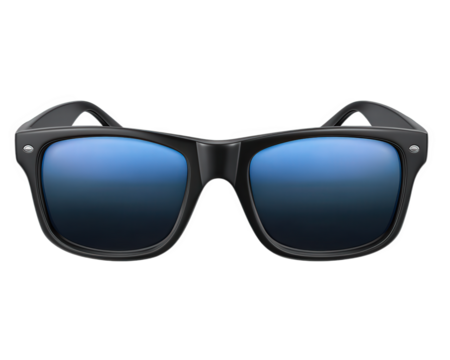 Black sunglasses with blue reflective lenses, modern style, fashion accessory, isolated on transparency background, stylish and cool appearance