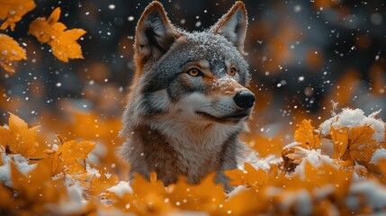 Majestic wolf, autumn forest, snowing, wildlife