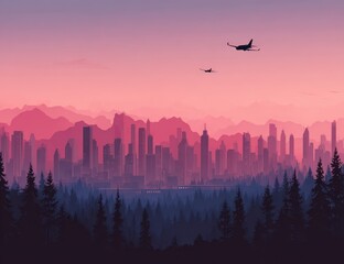 City skyline at dawn, mountains, forest