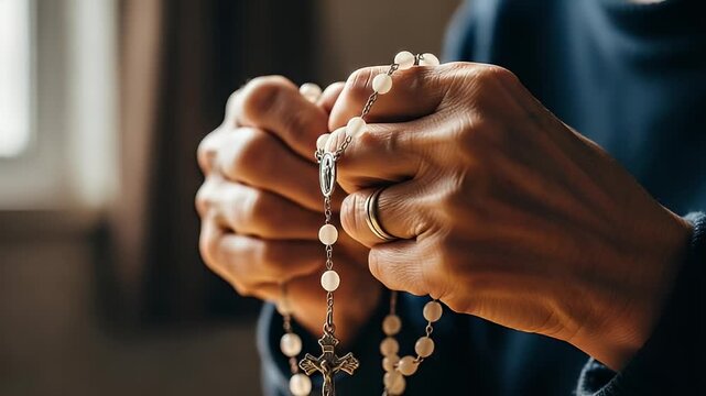 Close Up Of Hands Holding A Rosary With White Beads In Soft Lighting During Pray In Indoor Setting By A Window In Dark Blue Shirt