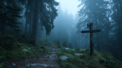 misty forest forked path with a simple wooden signpost pointing in multiple directions, cool green-blue palette, tranquil fog