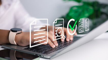 Professional managing digital documents on laptop with virtual interface for file search, approval and workflow in modern paperless office solutions