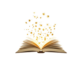 Isolated book with golden stars coming out of pages; magic and fantasy reading concept